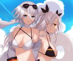  2girls azur_lane bangs bikini blue_eyes blue_sky breasts choker cleavage cloud collarbone commentary_request eyebrows_visible_through_hair eyewear_on_head flag_print german_flag_bikini hair_between_eyes highres inanami innertube jacket large_breasts long_hair looking_at_viewer mole mole_on_breast multiple_girls navel neck_ribbon outdoors prinz_eugen_(azur_lane) ribbon short_hair silver_hair sky smile sunglasses swimsuit tirpitz_(azur_lane) two_side_up white_bikini yellow_eyes 