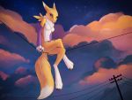  2019 4:3 anthro barefoot black_sclera blue_eyes breasts butt canid canine casual_nudity clothing cloud digimon digimon_(species) female foxyghost fur looking_down mammal nude paws pose renamon solo sunset toes white_fur yellow_fur 