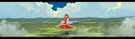  1girl black_hair boots cloud detached_sleeves full_body gohei hair_ribbon hakurei_reimu highres japanese_clothes letterboxed long_hair looking_at_viewer miko nontraditional_miko ouka_musci outdoors ribbon scenery solo touhou wide_sleeves 