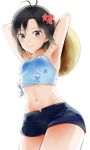  1girl antenna_hair armpits arms_up black_hair blue_shirt blue_shorts breasts child collarbone cowboy_shot flower from_below hair_flower hair_ornament hat hat_removed headwear_removed highres holding holding_hat idolmaster idolmaster_(classic) kikuchi_makoto looking_at_viewer midriff mogskg navel red_flower shirt short_hair short_shorts shorts simple_background sleeveless sleeveless_shirt small_breasts solo standing stomach sun_hat thick_thighs thighs tied_shirt white_background wide_hips 