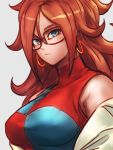  1girl android_21 blue_eyes breasts brown-framed_eyewear brown_hair dragon_ball dragon_ball_fighterz dress earrings glasses grey_background hoop_earrings jewelry large_breasts long_hair looking_at_viewer simple_background solo st62svnexilf2p9 two-tone_dress upper_body 