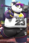  2019 alp_(tas) anthro bulge clothing cute_fangs fur giant_panda humanoid_hands kiyo male mammal outside overweight overweight_male purple_eyes purple_fur shirt shorts solo tokyo_afterschool_summoners ursid video_games 