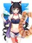  1girl animal_ear_fluff animal_ears arm_up bare_shoulders bikini black_hair blue_bikini blush breasts cat_ears cat_girl cat_tail collarbone cowboy_shot crab eyebrows_visible_through_hair fang green_eyes highres holding holding_innertube innertube jacket kavies kyaru_(princess_connect) looking_at_viewer low_twintails medium_breasts multicolored_hair navel open_mouth princess_connect! princess_connect!_re:dive purple_jacket short_shorts shorts shorts_pull skin_fang solo standing stomach streaked_hair swimsuit tail twintails white_hair white_shorts 