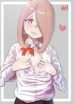  1girl blush bow bowtie breasts breath brown_hair cleavage eyebrows_visible_through_hair eyeshadow grey_background heart highres ice_keki little_witch_academia makeup no_bra open_clothes open_shirt red_eyes red_neckwear sharp_teeth shiny shiny_hair shirt simple_background small_breasts solo sucy_manbavaran teeth undressing 