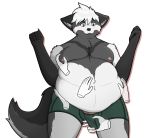  2018 absurd_res alpha_channel anthro belly belly_grab belly_rub big_belly black_fur blue_eyes blush bulge canid canine canis clothed clothing digital_media_(artwork) disembodied_hand erection fox fur grey_fur grope hair hi_res looking_down male mammal moobs nipples obese obese_male open_mouth overweight overweight_male pacato penis penis_grab penis_outline raised_arm simple_background thefoxydragon topless transparent_background underwear vein veiny_penis white_fur white_hair 