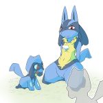  2017 ambiguous_gender anthro blue_fur blush canid canine female fur lucario mammal navel nintendo pok&eacute;mon pok&eacute;mon_(species) presenting presenting_pussy pu_sukebe pussy red_eyes riolu size_difference smile spreading video_games 