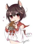  1girl :o acorn ahoge animal_ears azur_lane bangs bare_shoulders blush brown_hair crop_top detached_sleeves eyebrows_visible_through_hair food heart highres holding holding_acorn holding_food long_sleeves looking_at_viewer neck_ribbon nor9re open_mouth puffy_long_sleeves puffy_sleeves red_eyes red_ribbon red_sailor_collar ribbon ribbon-trimmed_sleeves ribbon_trim sailor_collar school_uniform serafuku shirt short_hair signature simple_background solo squirrel_ears teeth upper_body wakaba_(azur_lane) white_background white_shirt 