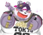  2019 alp_(tas) anthro blush clothing cute_fangs fur giant_panda humanoid_hands male mammal mohumohudansi one_eye_closed overweight overweight_male purple_fur shirt solo text tokyo_afterschool_summoners ursid video_games wink 