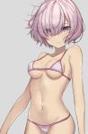  bikini breasts closed_mouth eyebrows_visible_through_hair eyes_visible_through_hair fate/grand_order fate_(series) gantan grey_background highres looking_at_viewer mash_kyrielight medium_breasts navel pink_eyes pink_hair short_hair simple_background swimsuit white_bikini 