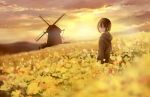  1girl backlighting blurry blurry_foreground brown_eyes brown_hair cloud cloudy_sky commentary_request depth_of_field field flower flower_field landscape looking_at_viewer looking_back original rapeseed_blossoms sakeharasu scenery short_hair sky solo standing sunset wide_shot windmill yellow_theme 