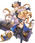  1girl absurdres bangs black_gloves blonde_hair blue_eyes boots breasts draph dress eyebrows_visible_through_hair gloves granblue_fantasy hand_up hat highres holding horns juliet_sleeves large_breasts leg_up long_hair long_sleeves looking_at_viewer pointy_ears puffy_sleeves rastina shiny shiny_clothes shiny_hair simple_background smile solo teffish thigh_boots thighhighs white_background 