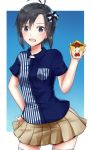  1girl :d antenna_hair asymmetrical_shirt black_hair blue_eyes blue_shirt blush bow brown_skirt collared_shirt cowboy_shot dress_shirt hair_between_eyes hair_bow hair_ornament hand_on_hip highres holding idolmaster idolmaster_(classic) kikuchi_makoto looking_at_viewer miniskirt mogskg open_mouth pleated_skirt shirt short_hair skirt smile solo standing star star_hair_ornament striped striped_shirt thighhighs vertical-striped_shirt vertical_stripes white_legwear wing_collar zettai_ryouiki 