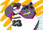  2019 alp_(tas) anthro belly blush clothing cute_fangs fur giant_panda humanoid_hands male mammal one_eye_closed overweight overweight_male purple_fur shirt solo text tokyo_afterschool_summoners tomoya_(artist) tomoyamaru tomoyamaru_alt ursid video_games wink 