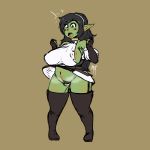  2019 areola big_breasts breasts clothed clothing digital_media_(artwork) female goblin green_skin hair hairy hairy_pussy hi_res humanoid legwear mammal masamaki open_mouth panties pubes short_stack simple_background slightly_chubby solo surprise thick_thighs thigh_highs tongue underwear upskirt 