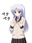  angel_beats! bangs blazer buttons ears flat_chest hand_on_breast hands jacket kishi_nisen long_hair official_style pocket ribbon school_uniform silver_hair simple_background skirt solo tenshi_(angel_beats!) translated white_background yellow_eyes 