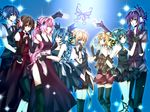  5girls bug butterfly dress elbow_gloves fingerless_gloves formal gloves green_hair gumi hatsune_miku headphones holding_hands insect kagamine_len kagamine_rin kaito kamui_gakupo magnet_(vocaloid) md5_mismatch megurine_luka meiko multiple_boys multiple_girls thighhighs vocaloid yoitsukishin 