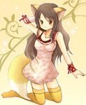  animal_ears brown_hair eijima_moko fox_ears fox_tail jewelry kneeling long_hair necklace original solo tail thighhighs wrist_cuffs yellow_eyes zettai_ryouiki 