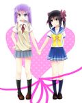  black_hair blue_eyes blush brown_eyes cosplay costume_switch crossover hair_ribbon hand_on_hip highres hiiragi_kagami holding_hands k-on! kneehighs long_hair lucky_star multiple_girls muta_(munimuni) nakano_azusa open_mouth purple_hair ribbon ryouou_school_uniform school_uniform serafuku skirt smile socks twintails yellow_neckwear yuri 