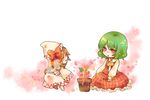  :o ascot bad_id bad_pixiv_id blonde_hair bow chibi closed_eyes fairy_wings flower_pot green_hair hat hat_bow kazami_yuuka lily_white multiple_girls plaid plaid_skirt plaid_vest plant potted_plant red_eyes short_hair sitting skirt skirt_set smile takamura touhou vest white_background wings 