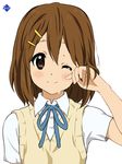  blush brown_eyes brown_hair hair_ornament hairclip hirasawa_yui k-on! one_eye_closed ribbon ryunnu school_uniform short_hair smile solo sweater sweater_vest tears 