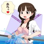  breasts brown_eyes brown_hair cleavage earrings jewelry katana kurabayashi_aya long_hair medium_breasts mitsudomoe necklace open_mouth sheath solo sugisaki_marina sword translation_request water weapon 