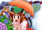  =_= animal_ears blonde_hair brown_eyes brown_hair cat_ears cat_tail chen earrings fang flower fox_tail gap hat hydrangea jewelry multiple_girls rain sasuke_(sasuke_no_sato) short_hair snail tail touhou umbrella yakumo_ran yakumo_yukari 