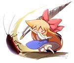  1girl :3 blonde_hair bow bug chibi cockroach daitai_konna_kanji hair_bow ichigeki_sacchuu!!_hoihoi-san insect lance long_hair minigirl polearm shanghai_doll solo touhou weapon 