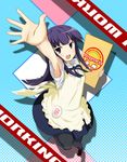  apron arm_up armpits black_legwear blue_eyes long_hair menu purple_hair skirt smile solo thighhighs waitress working!! yamada_aoi yokoshima_(euphoria) 