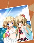  alice_margatroid ball beachball bikini blonde_hair blue_eyes brown_eyes futami_yayoi innertube kirisame_marisa long_hair multiple_girls photo_(object) short_hair skirt swimsuit touhou v 