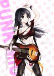  1girl akiyama_mio bass_guitar black_hair bra brown_eyes instrument k-on! lingerie long_hair off_shoulder punk signature smile solo strap_slip torn_clothes underwear 