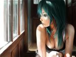  bad_id bad_pixiv_id bra breasts cleavage downblouse green_eyes green_hair hatsune_miku indoors large_breasts lingerie long_hair looking_away looking_out_window occult_soda older realistic solo underwear vocaloid window 