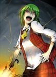  ascot bad_id bad_pixiv_id crazy crazy_eyes green_hair hand_on_hip kazami_yuuka open_mouth plaid plaid_skirt plaid_vest red_eyes saitou_yuu short_hair skirt skirt_set solo torn_clothes touhou umbrella untucked vest 