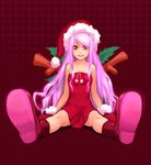  bare_shoulders boots copyright_request gloves hat long_hair polka_dot purple_hair red_eyes red_skirt santa_hat simple_background sitting skirt smile solo spread_legs yuuji_(and) 