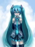  aqua_eyes aqua_hair arms_behind_back bad_id bad_pixiv_id cloud day detached_sleeves hatsune_miku headphones headset long_hair microphone necktie occult_soda skirt sky smile solo thighhighs twintails very_long_hair vocaloid 