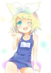  bad_id bad_pixiv_id blonde_hair green_eyes hair_ornament hair_ribbon hairclip kagamine_rin migu_(migu_room) one-piece_swimsuit one_eye_closed open_mouth ribbon school_swimsuit short_hair smile solo swimsuit v vocaloid 