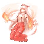  fire fujiwara_no_mokou hair_ribbon highres kneeling long_hair needletank ribbon solo suspenders touhou 