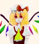  bad_id bad_pixiv_id blood blood_on_face crazy_eyes flandre_scarlet hat open_mouth red_eyes shimana_(cs-ts-az) simple_background slit_pupils solo touhou 