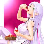  adder bare_shoulders bowl china_dress chinese_clothes dress eating food fruit green_eyes holding holding_food holding_fruit lavender_hair leaning long_hair original sitting sleeveless solo strawberry thighhighs tongue very_long_hair white_legwear zettai_ryouiki 