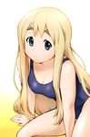  blonde_hair blue_eyes breasts cleavage eyebrows k-on! kotobuki_tsumugi long_hair medium_breasts one-piece_swimsuit school_swimsuit sitting smile solo swimsuit ueyama_michirou yokozuwari 