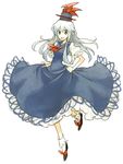  blue_dress brown_eyes dress full_body hat kamishirasawa_keine leg_up long_hair looking_at_viewer neckerchief open_mouth puffy_short_sleeves puffy_sleeves shinoasa shoes short_sleeves silver_hair simple_background skirt_hold socks solo touhou white_background 