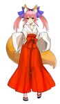  animal_ears fate/extra fate_(series) fox_ears fox_tail full_body hair_ribbon japanese_clothes miko official_art pink_hair ribbon sandals solo standing tail tamamo_(fate)_(all) tamamo_no_mae_(fate) transparent_background twintails wada_aruko yellow_eyes 