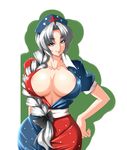  areola_slip areolae braid breasts cleavage collar collarbone covered_nipples curvy dress hand_on_hip hat huge_breasts long_hair looking_at_viewer no_bra open_clothes open_dress open_shirt seductive_smile shirt silver_hair single_braid smile solo tajima_yuuki touhou wide_hips yagokoro_eirin 
