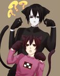  1girl 6_9 animal_ears arms_up bad_id bad_pixiv_id black_hair brown_eyes brown_hair cat_ears cat_tail fangs madotsuki open_mouth paw_pose sekomumasada_sensei tail yume_nikki 