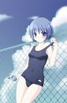  :o against_fence bangs bare_arms bare_shoulders blue_eyes blue_hair blush bottle chain-link_fence cloud collarbone covered_navel cowboy_shot day eyebrows_visible_through_hair fence highres kusa_uran looking_at_viewer navel one-piece_swimsuit original outdoors pulled_by_self school_swimsuit short_hair solo strap_lift swimsuit swimsuit_pull water_bottle 