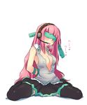  bdsm blindfold blush bondage bound bound_arms breath cosplay green_blindfold hatsune_miku hatsune_miku_(cosplay) headphones headset long_hair megurine_luka necktie pink_hair s.o_chin saliva simple_background sitting skirt solo thighhighs tongue vocaloid 