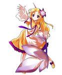  alphes_(style) blonde_hair dress flower hair_flower hair_ornament highres kaze_yetworldview long_hair original outstretched_arm outstretched_hand parody purple_eyes ribbon shoes solo style_parody touhou 