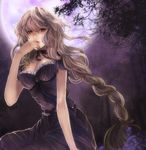  bad_id bad_pixiv_id blonde_hair blood blood_on_face breasts flower forest frills full_moon hand_to_own_mouth large_breasts long_hair moon moonlight nature night original ponytail rabbit19 red_eyes ribbon sitting solo tree vampire 