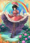  bad_id bad_pixiv_id black_hair blue_eyes bob_cut choker cloud crossed_legs demo_(takakong) dress faux_traditional_media flower frills full_body gloves gown highres hydrangea mary_janes original pantyhose petticoat plant rain rainbow ripples shoes short_hair sky snail solo standing umbrella watson_cross 