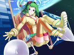  boots cosplay earrings earth floating goggles goggles_on_head green_eyes green_hair gumi jewelry mekonu_(mknn) satellite short_hair smile solo space thighhighs vocaloid 