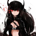  bad_id bad_pixiv_id bikini_top black_gold_saw black_hair black_rock_shooter horns jacket long_hair lowres midriff red_eyes solo tone_g 